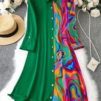 Vestido camisero abotonado con estampado remolino, vestido casual de manga larga con cuello y bloques de color, ropa de mujer.