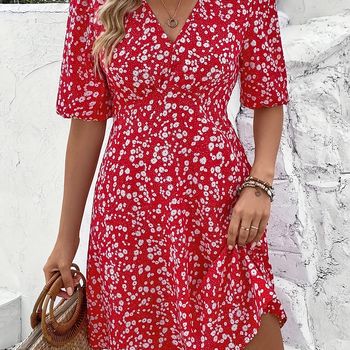 Vestido con estampado floral y cuello en V, elegante vestido de manga corta para primavera y verano, ropa de mujer