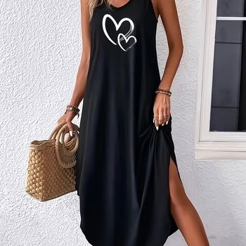 Vestido camisola con estampado de corazón y dobladillo curvo, vestido largo sexy sin mangas con tirantes finos, ropa de mujer