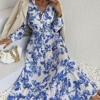 Vestido estampado floral con cintura elástica, vestido midi de manga larga para vacaciones boho, ropa de mujer