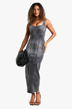 Vestido Maxi Vaquero Elástico Con Lavado A La Piedra Y Detalle De Costuras, Gris