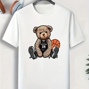 Camiseta de manga corta con cuello redondo y estampado de oso de baloncesto para hombres, camiseta gráfica de moda casual, ropa de estar en casa y pijama para el verano