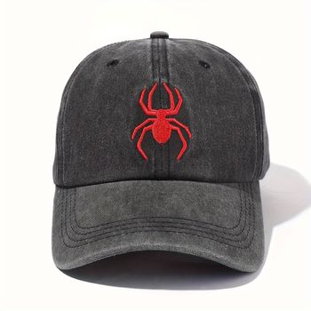 Gorra de béisbol vintage lavada con bordado de araña, ajustable para uso casual al aire libre, gorra de pico para vacaciones, cómoda y de algodón, adecuada para fiestas de Halloween.