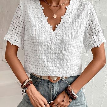 Blusa De Textura Con Escote En V, Blusa Casual De Manga Corta Para Primavera Y Verano, Ropa De Mujer