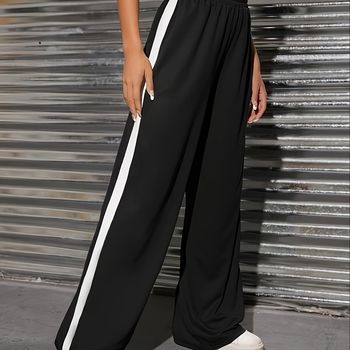 Pantalones Anchos De Lado A Rayas, Pantalones Sueltos Informales Con Detalles De Contraste Para Primavera Y Verano, Ropa De Mujer