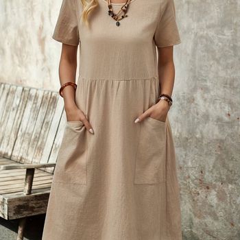 Vestido de cuello redondo con botones en la espalda, vestido midi informal de manga corta con bolsillos de parche, ropa de mujer.