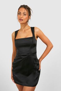 Vestido Mini De Raso Estilo Corsé Con Escote Cuadrado, Negro