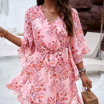 Vestido Estampado Floral Con Escote En V, Elegante Vestido Con Media Manga Y Cinturón Para Primavera Y Verano, Ropa De Mujer