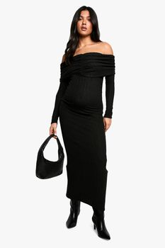 Vestido Premamá Maxi Texturizado De Manga Larga Con Escote Bardot, Negro