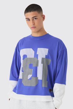 Camiseta Oversize Recta De Malla Con Mangas Falsas, Azul