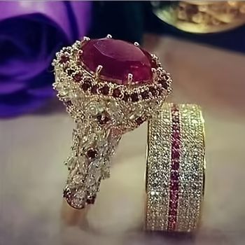 2pcs Anillos Lujosos y Elegantes, Conjunto con Piedras Artificiales Rojas, Accesorios de Fiesta