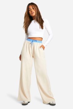 Pantalón Petite Bóxer De Pernera Ancha Con Línea En Contraste Y Cintura Elástica, Beige