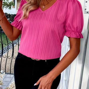 Blusa de cuello en V con textura sólida, elegante blusa de manga corta con ribete de volantes para primavera y verano, ropa de mujer para bodas, vacaciones y vacaciones