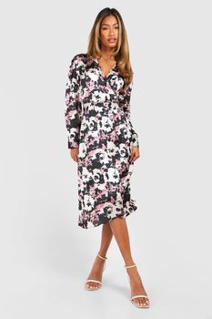 Vestido Midi Cruzado De Raso Con Estampado De Flores Oscuras, Negro