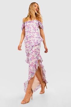 Vestido Tall Maxi De Croché Con Hombros Descubiertos, Volante Y Estampado De Flores, Purple