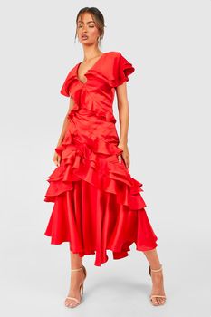 Vestido Maxi De Raso Con Volante, Rojo