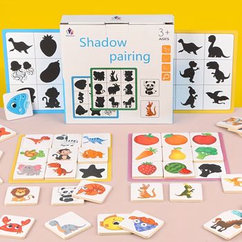 1 juego de juguetes de madera para niños, frutas, animales, juego de sombras de reconocimiento, actividades de aprendizaje, juego de mesa de rompecabezas de clasificación