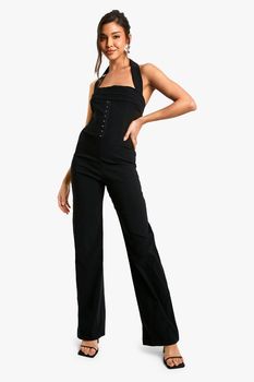 Mono Largo Estilo Corsé De Bengalina Con Escote Halter, Negro