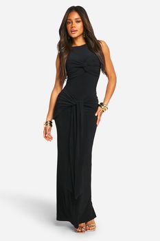 Vestido Maxi Fruncido Con Nudo Y Escote Estilo Nadador, Negro