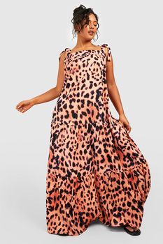 Vestido Plus Maxi Escalonado Con Atadura Y Estampado De Leopardo, Multi