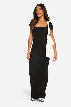 Vestido Maxi De Canalé Con Ribete De Encaje, Negro