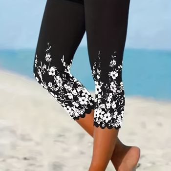 Leggings Ajustados Cortos Con Estampado Floral, Leggings Elásticos Casuales Para Todos Los Días, Ropa De Mujer