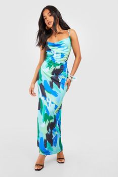 Vestido Petite Maxi Con Escote Plisado Y Estampado Abstracto, Azul