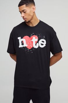 Camiseta Oversize Con Estampado Gráfico De Corazón En Relieve, Negro