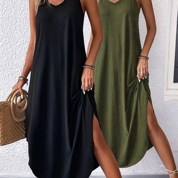 Vestido camisola sin mangas de color liso, vestido casual de tirantes para primavera y verano, ropa de mujer