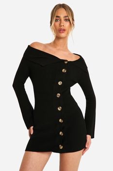 Vestido Mini De Punto Y Canalé Premium Con Solapa Y Botones, Negro