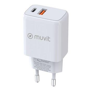 Muvit For Change Cargador de Pared 1 USB QC 3.0 18w + 1 USB-C Pd 25W Blanco