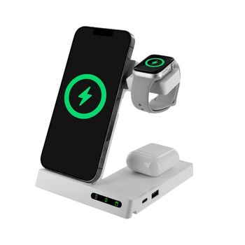 Muvit For Change Base Cargadora Inalambrica 6 En 1 Plegable Smartwatch+iwatch+airpods + Dos Puertos Usb A + C Blanca