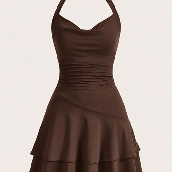 Vestido De Cuello Halter Sólido, Vestido De Espalda Fruncida Sin Espalda Con Dobladillo De Volantes, Ropa De Mujer