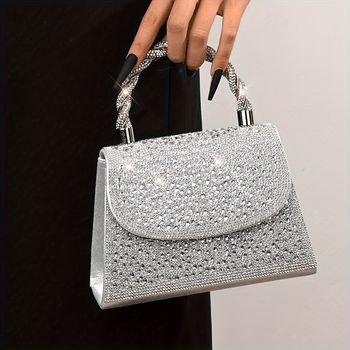 Bolso De Cena Clásico Con Decoración De Purpurina Y Pedrería, Elegante Cartera De Fiesta Plateada Brillante Para Mujeres