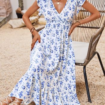 Vestido con estampado floral y cintura fruncida, elegante vestido largo con volantes en el cuello cruzado, ropa de mujer