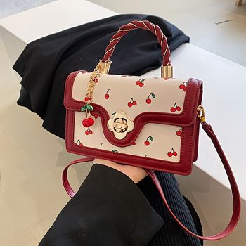 Bolso De Mano Estampado De Cereza Para Mujeres, Bonito Bolso Cruzado Mini, Elegante Bolso De Hombro Con Cierre De Flores Y Forma Cuadrada