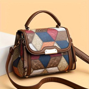 Bolso bandolera retro de piel sintética con diseño geométrico para mujer, bolso cruzado con solapa de bloques de color, elegante bolso de hombro para uso diario