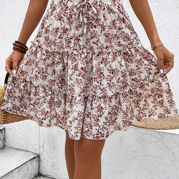 Falda con estampado floral, cintura elástica con lazo, falda casual de línea A con volantes para primavera y verano, ropa de mujer.