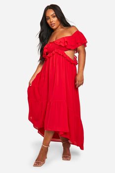 Vestido Plus Maxi Con Volante Y Hombros Descubiertos, Rojo