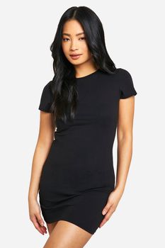 Vestido Petite Básico De Algodón Ajustado Con Cuello De Caja, Negro