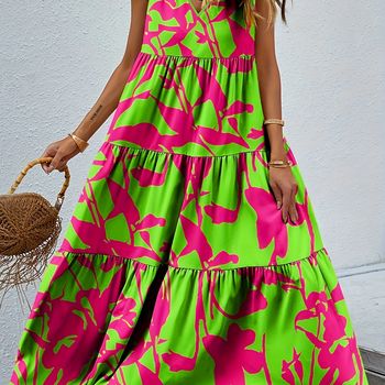 Vestido camisola holgado con cuello en V y dobladillo con volantes, vestido sin mangas para vacaciones de primavera y verano, ropa de mujer