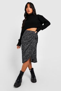 Falda Petite De Raso Cruzada Con Estampado, Negro