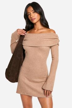 Vestido Petite Mini De Canalé Cardado Con Escote Bardot, Beige