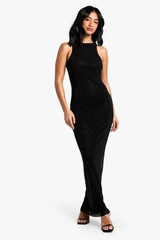 Vestido Petite Maxi Con Escote Estilo Nadador Y Estampado Hotfix Con Incrustaciones, Negro