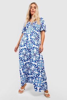 Vestido Plus Maxi Con Mangas Abullonadas Y Estampado Efecto Porcelana, Azul