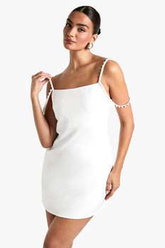 Vestido Mini Con Tira De Perlas, Blanco