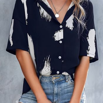 Blusa Estampada Abstracta Con Botones Delanteros, Blusa Casual De Manga Corta Para Primavera Y Verano, Ropa De Mujer