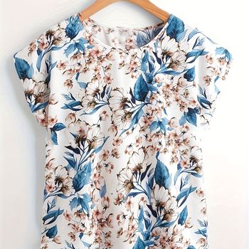 Blusa De Cuello Redondo Estampada Floral, Elegante Top De Manga Corta Para Primavera Y Verano, Ropa De Mujer