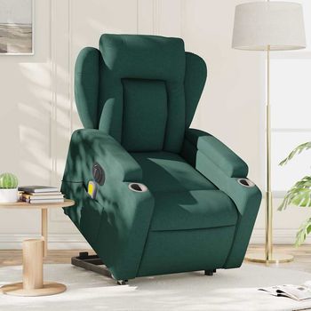 vidaXL Sillón masaje eléctrico reclinable elevable tela verde oscuro