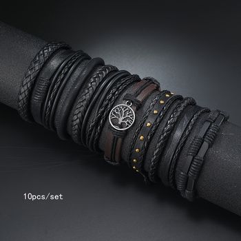 Conjunto De 10 Pulseras Tejidas De Varias Capas, Pulseras De Cuero PU Negro Con Árbol De La Paz, Geniales Para Hombres Y Mujeres, Accesorios Retro De Combinación Múltiple